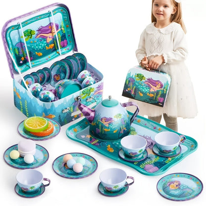 Mermaid Tea Party Set for Girls 21pcs – Tin Teapot, 4 Cups, Saucers, Plates & Carrying Case | Pretend Play Kitchen Toy for Toddlers, Birthday & Christmas Gift for Girls Ages 3 4 5 6