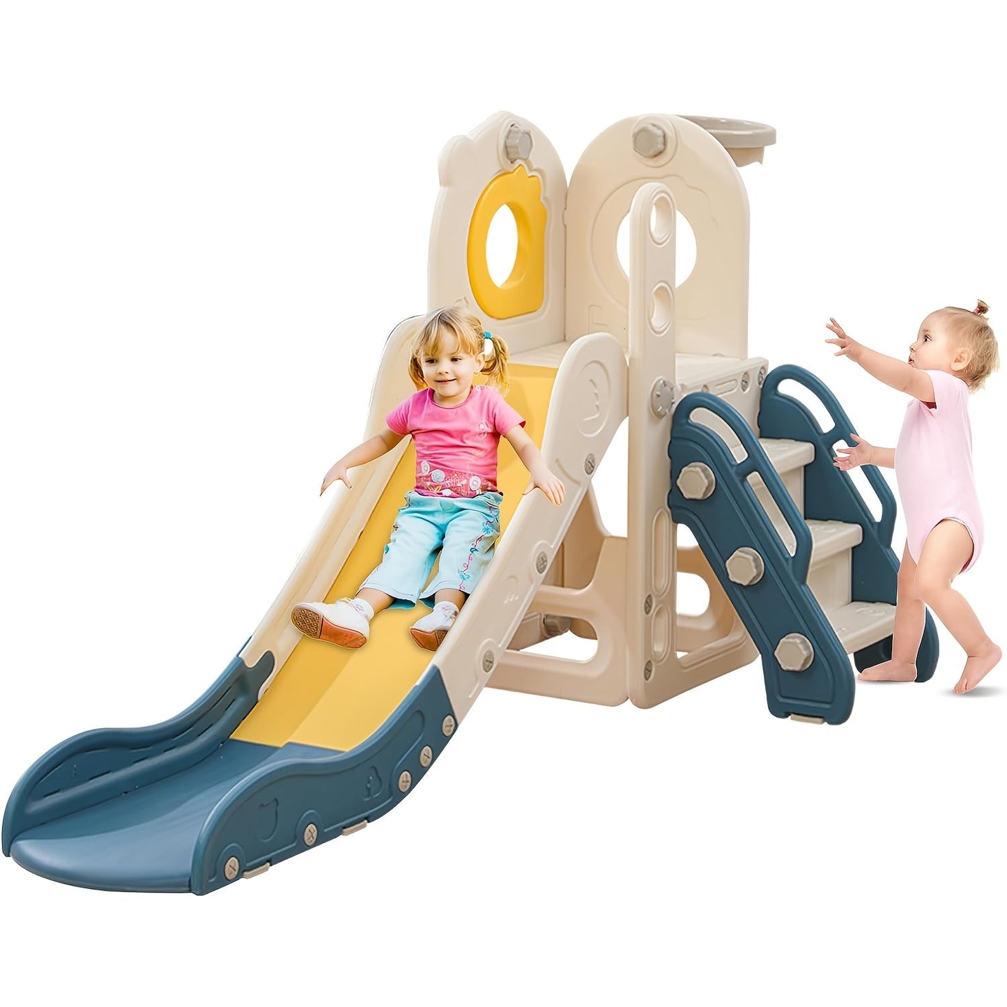 5-in-1 Toddler Slide with Basketball Hoop L-Shaped Freestanding Kids Indoor Outdoor Slide for Toddlers Ages 1-3 Boys Girls Birthday Playground Toy