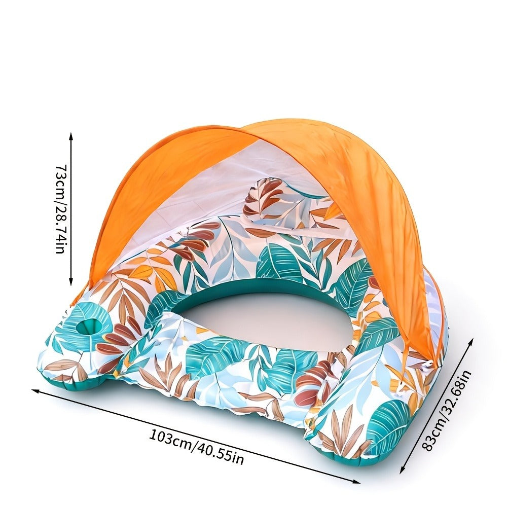 Inflatable Pool Lounger with Canopy for Adults – Tropical Leaf Floating Chair with Cup Holder & Sun Shade, Summer Pool Beach Lake Water Toy, Birthday Gift for Women Men (Green & Blue)
