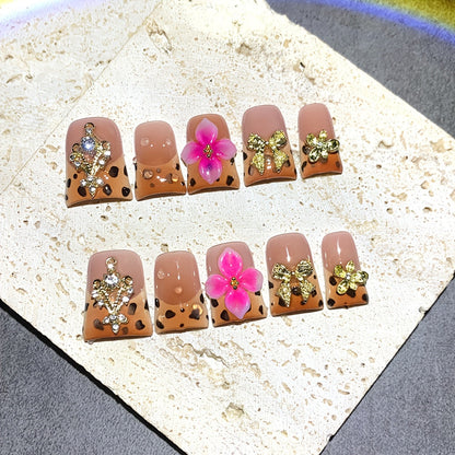 Press On Nails 5D Carved Duckbill Shape Medium Length Brown Pink Gradient Flower Milk Pattern Glossy Handmade Autumn Winter Fake Nails 10pcs Salon Quality UV Protected for Party Banquet Birthday Gift