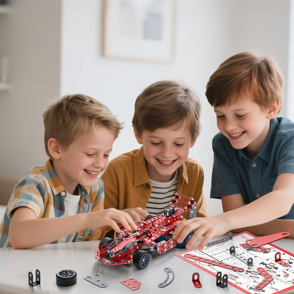 STEM Building Kit Model Car 283-287 Pcs Motorized Assembly Vehicle Toy with All-Terrain Tires & Openable Hood – Construction Toy for Boys Kids Ages 6+, Birthday Christmas Gift Red Green