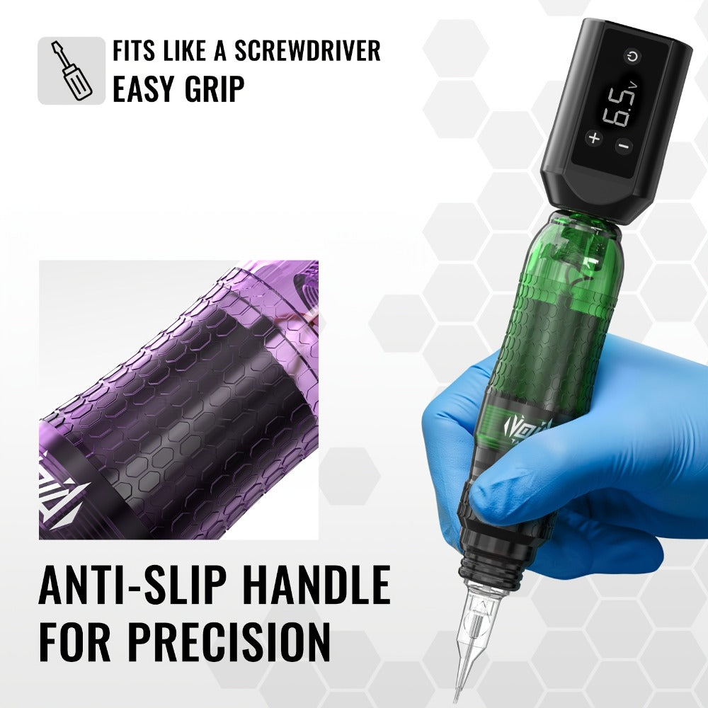 Tattoo Pen Kit VOID Wireless 1200mAh Anti-Slip Grip 4-12V Adjustable 10 Cartridge Needles 5 Ink Shades 3-4 Hour Battery Rotary Tattoo Gun for Beginners Purple Green