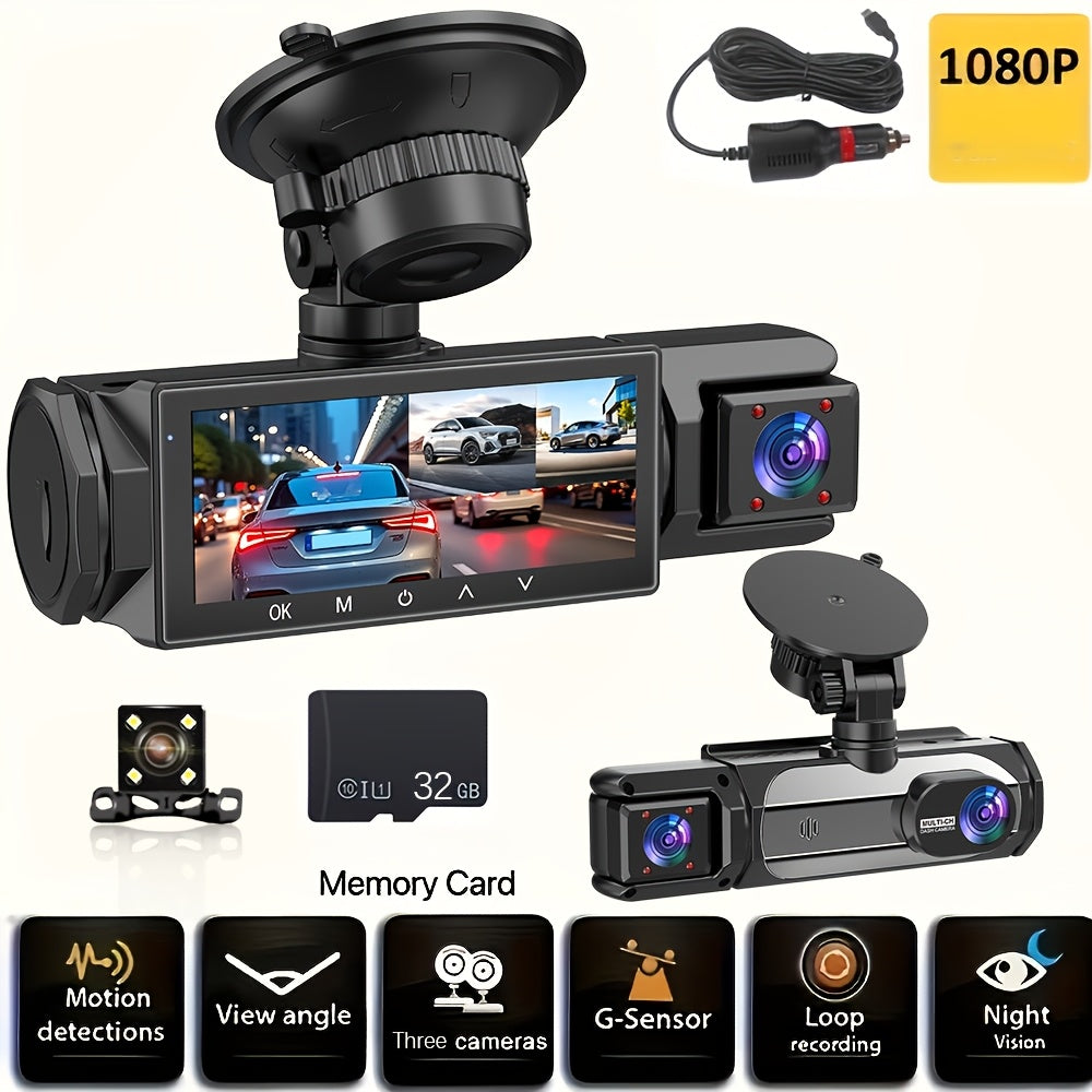 FOXGOD Car Dashboard Camera 360° Panoramic 3/4 Lens Channel 1080P HD Ultimate Safety Dash Cam Set, 1080P Full Coverage Front, Rear, Left, And Right, Quad-Split Screen Display, HD Night Vision, WDR, G-Sensor, Loop Recording - Car Accessories/Car Dash