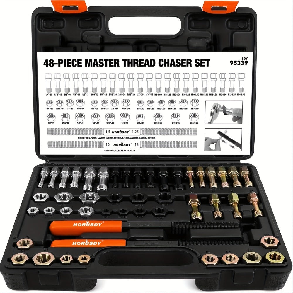 Thread Repair Kit 48-Piece – UNF UNC & Metric Tap and Die Rethreading Set, SAE & Metric Thread Chaser for Bolt & Nut Repair, Color-Coded with Storage Case