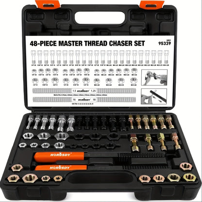 Thread Repair Kit 48-Piece – UNF UNC & Metric Tap and Die Rethreading Set, SAE & Metric Thread Chaser for Bolt & Nut Repair, Color-Coded with Storage Case