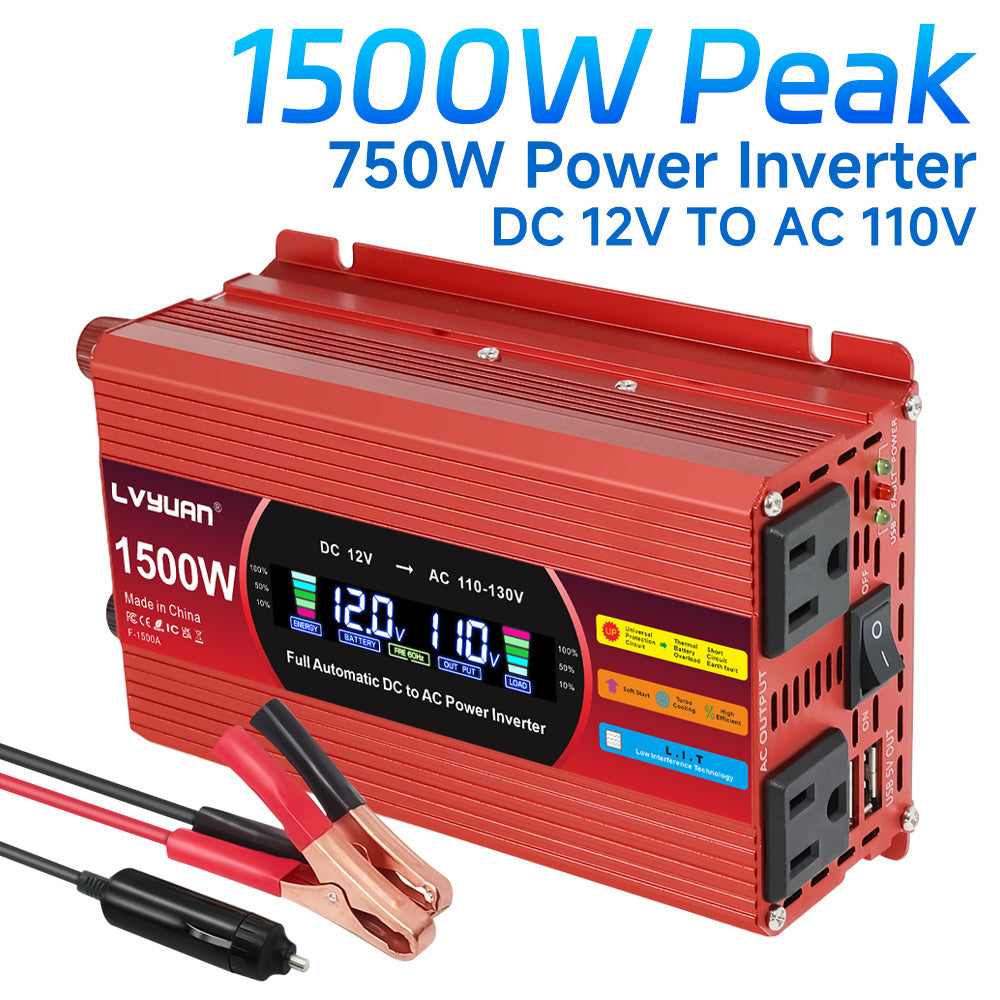 1500W (Peak) Car Power Inverter DC 12V to 110V/120V AC Converter with LCD Display Dual AC Outlets and Dual USB Car Charger for Car Home Laptop Truck Red.