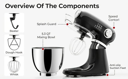 Bowl-Lift Stand Mixer 5.5 Qt 4-in-1 Electric Vertical Mixer 350W 12-Speed with Pulse Stainless Steel Bowl Dough Hook Whisk Mixing Paddle for Cake Bread Dough Black Red