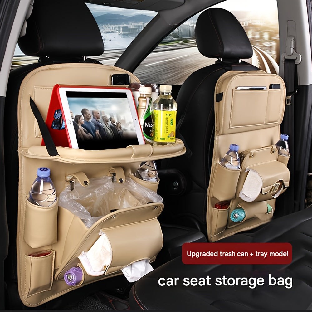 QIANKUNBAG Car Back Seat Organizer with Foldable Tray Interior Tissue Holder, Footrest Protector, And Multi-Pocket Hanging Storage Bag - Durable PU Fabric for Shopping & Essentials Car Seat Organizatio(Pink Black Grey Brown Beige)