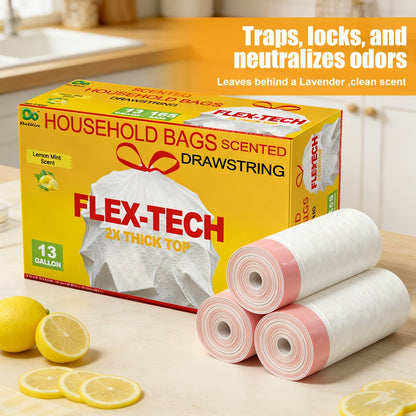 13 Gallon Trash Bags Drawstring Expandable Puncture Tear Resistant Leak-Proof Deodorizing Fresh Lemon Scent Super Durable Kitchen Garbage Bags for Kitchen Garden Large Trash Bins White 20 55 110 165 Count