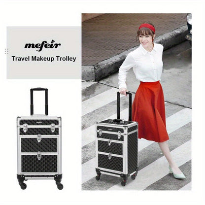 Makeup Train Case Rolling Aluminum Lockable Trolley with 4 Wheels 2 Sliding Drawers Telescopic Rod Portable Cosmetic Organizer Suitcase for Makeup Artists Salon Travel Beauty Storage Black