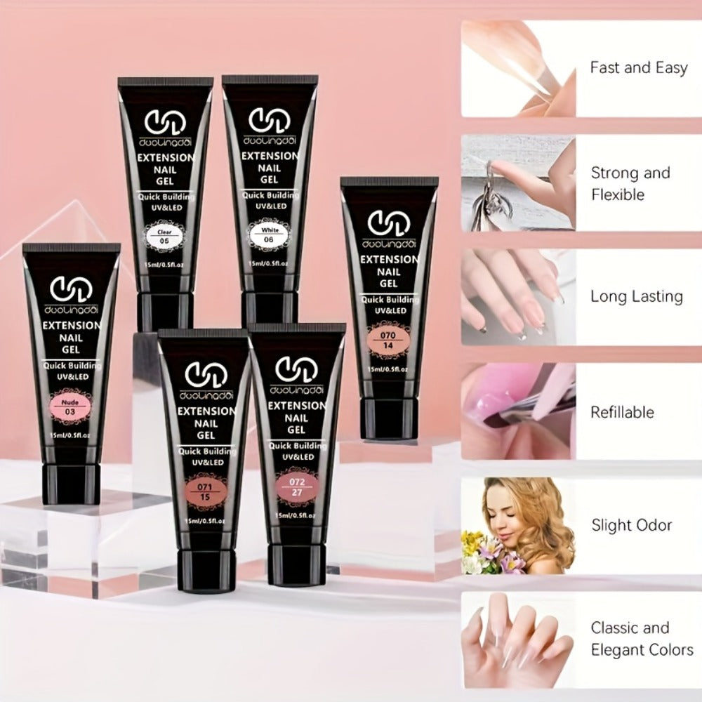 Poly Nail Gel Kit Hard Builder 6 Colors Clear Pink White — Nail Extension Thickening & Strengthening Gel for Brittle Thin Nails & French Manicure | Soak-Off UV LED Long-Lasting Salon & Home Use for Women