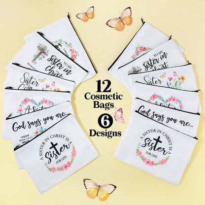 Sisters in Christ Makeup Bag Set 12 Pcs Inspirational Christian Cosmetic Bags Faith-Based Gift for Women Birthday Valentine Mother's Day Secret Sister Church Group