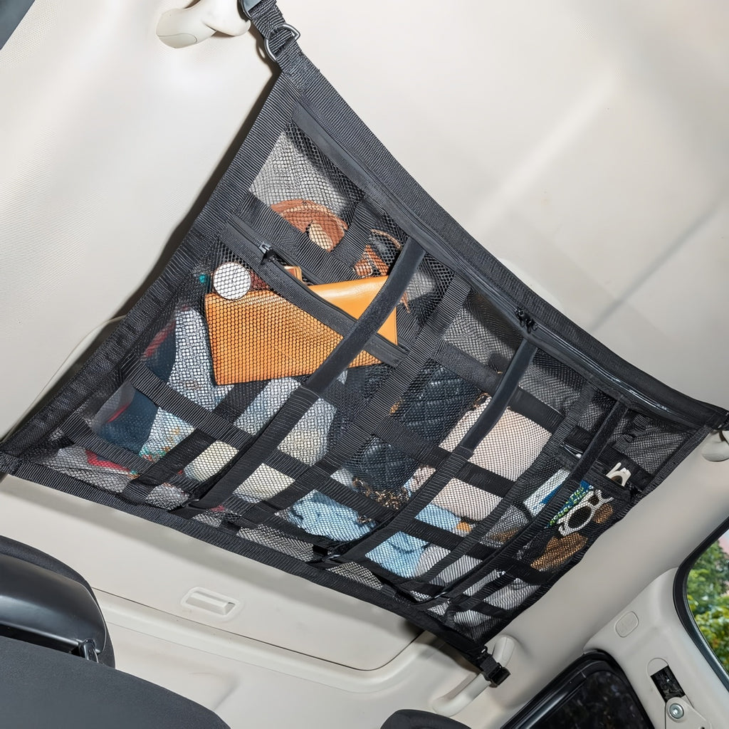 Upgrade Car Ceiling Cargo Net Pocket, 31.5"x21.6" Strengthen Load-Bearing and Droop Less Double-Layer Mesh Car Roof Storage Organizer,Truck SUV Travel Long Road Trip Camping Interior Accessories