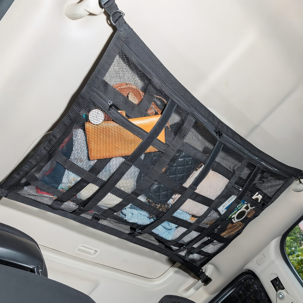 Upgrade Car Ceiling Cargo Net Pocket, 31.5"x21.6" Strengthen Load-Bearing and Droop Less Double-Layer Mesh Car Roof Storage Organizer,Truck SUV Travel Long Road Trip Camping Interior Accessories