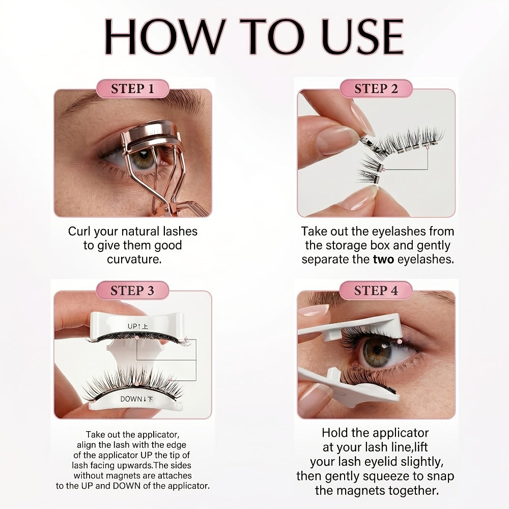 Magnetic Eyelashes Glue-Free Reusable False Lashes – Natural Wispy Fluffy Cat Eye Style, Waterproof & Sweatproof with Applicator & Storage Case, Black & Pink Set for Daily Wear, Parties & Beauty Gifts