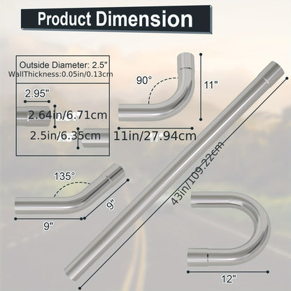 2.5 Inch Exhaust Pipe Kit Mandrel Bend - 8pcs Universal Mild Steel 16 Gauge Tubing with 90° 45° U-Bend & Straight Pipes for Custom Exhaust Fabrication