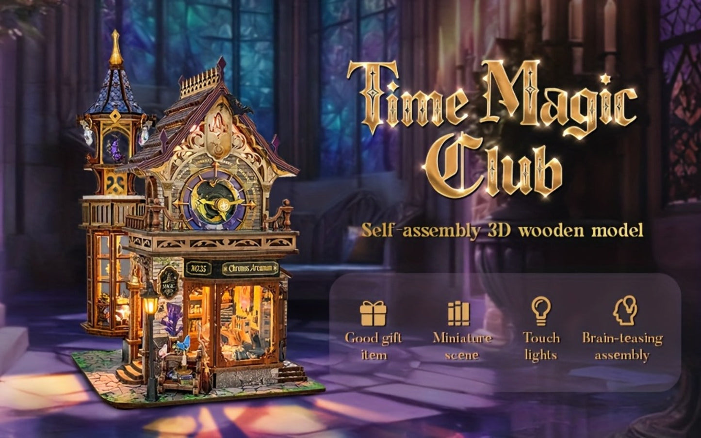 DIY Wood Miniature Bookhouse Model Kit SQ-71 Time Magic Club with Mechanical Link System – Adult Collector Dollhouse Display Piece, Unique Christmas Thanksgiving Birthday Gift for Women Teens Craft Lovers 14+