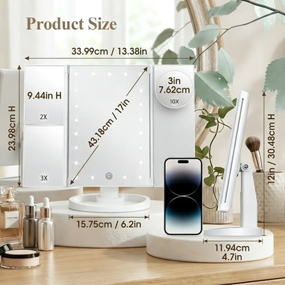 Vanity Mirror with Lights Tri-Fold 21 LED Lighted Makeup Mirror Touch Control 1X 2X 3X 10X Magnification 360 Rotation Dual Power Tabletop Trifold Mirror for Women Gift White Rose Gold