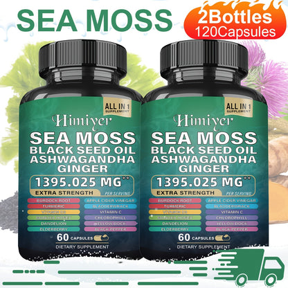 Sea Moss & Shilajit Capsules 12-in-1 Supplement - Bladderwrack Burdock Ashwagandha Black Seed Vitamin C D3 Rhodiola Ginseng Complete Wellness Formula for Energy Immunity Vitality