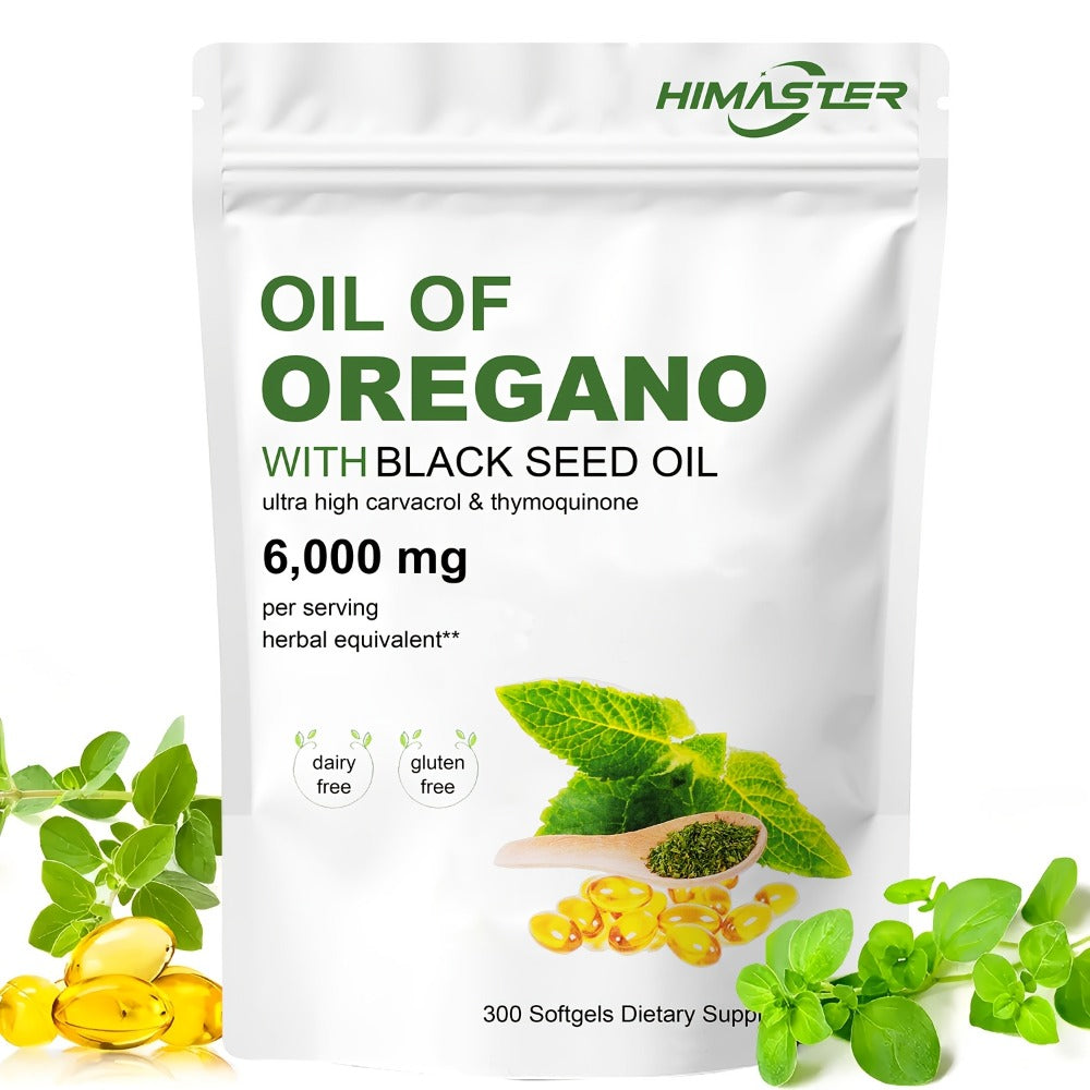 High Potency Oregano Oil Supplement 6000mg 20:1 Extract with Black Seed Oil – 2-in-1 Antioxidant & Immune Support Formula – Carvacrol & Thymoquinone – Plant-Based Herbal Softgels – 300 Count Per Bag