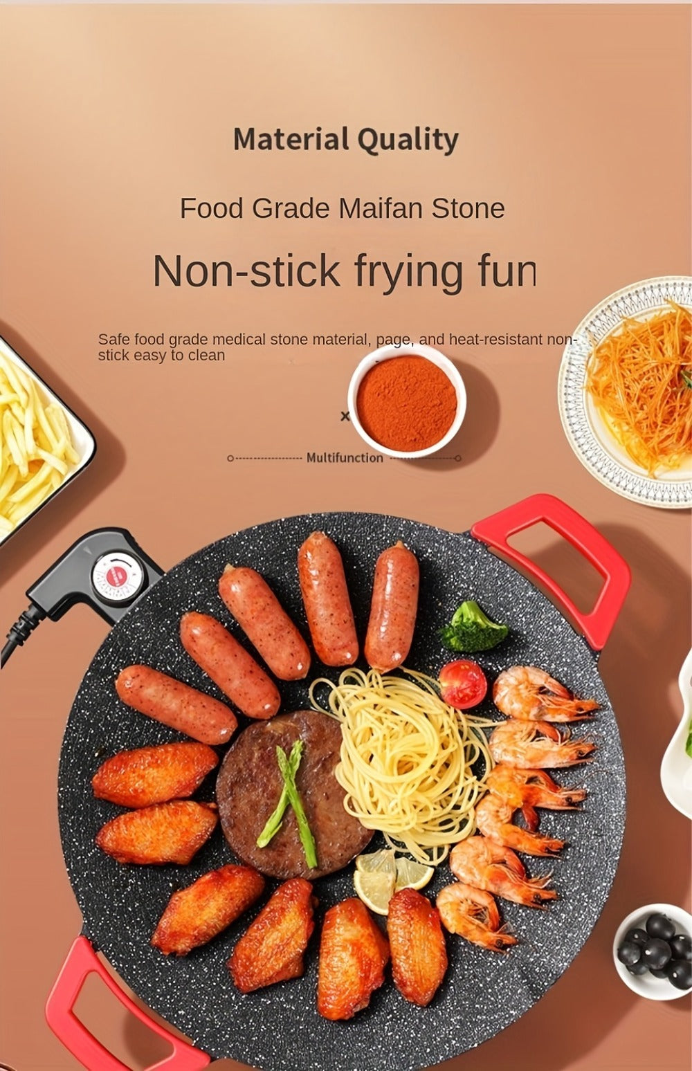 Korean BBQ Grill Pan – Round Non-Stick Multi-Functional Electric Grill Pan with Red Handle & Adjustable Settings, Home & Outdoor BBQ Pot for Family Gatherings, Available in 14.17" & 15.75"