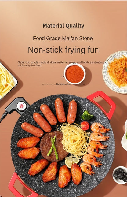Korean BBQ Grill Pan – Round Non-Stick Multi-Functional Electric Grill Pan with Red Handle & Adjustable Settings, Home & Outdoor BBQ Pot for Family Gatherings, Available in 14.17" & 15.75"