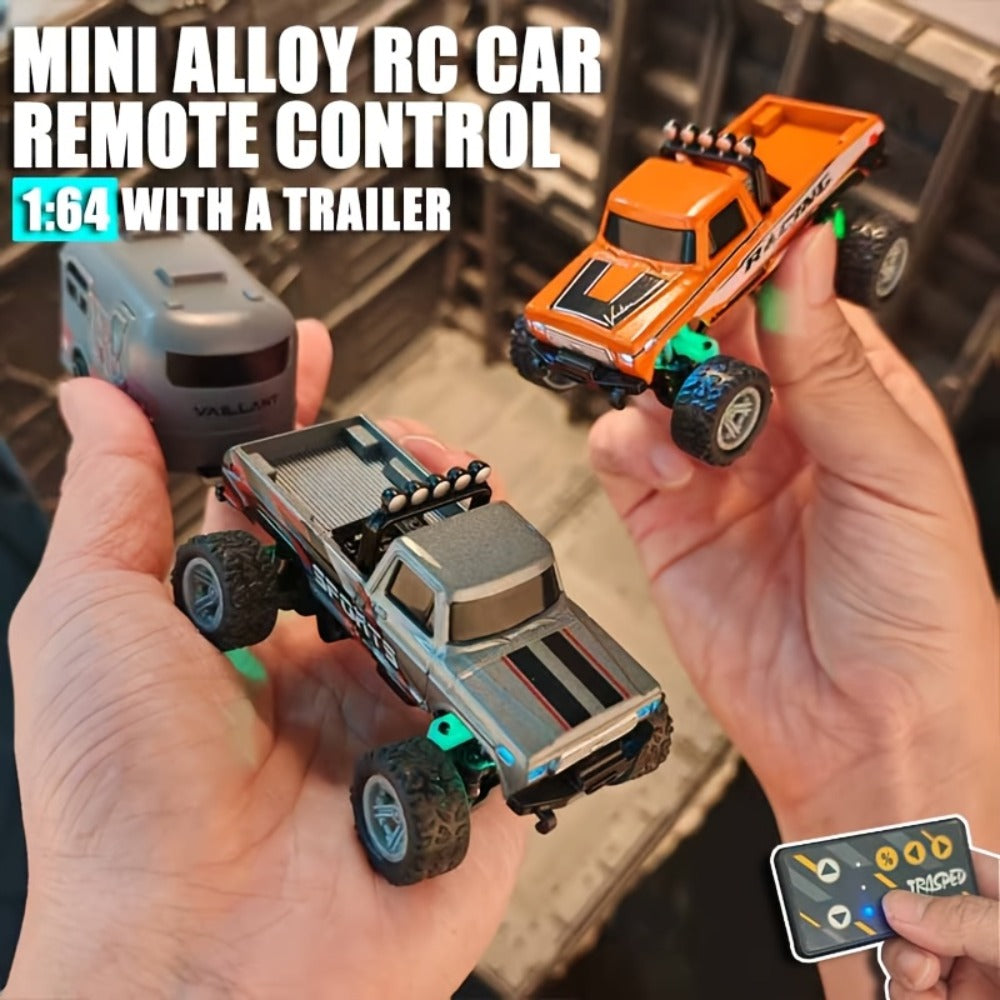 Mini RC Truck 1:64 Scale with Trailer – 2.4GHz Alloy Remote Control Monster Off-Road Pickup with LED Body Lights & Headlights, Rock Crawler Toy for Boys, Birthday Christmas Gift Green Gray Blue
