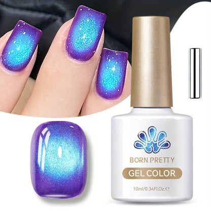 Cat Eye Magnetic Gel Nail Polish 10ml - Blueberry Glitter Purple Blue Glass Bead Sparkling Effect, UV LED Semi-Permanent Gel Varnish with Magnetic Stick, DIY Salon Nail Art