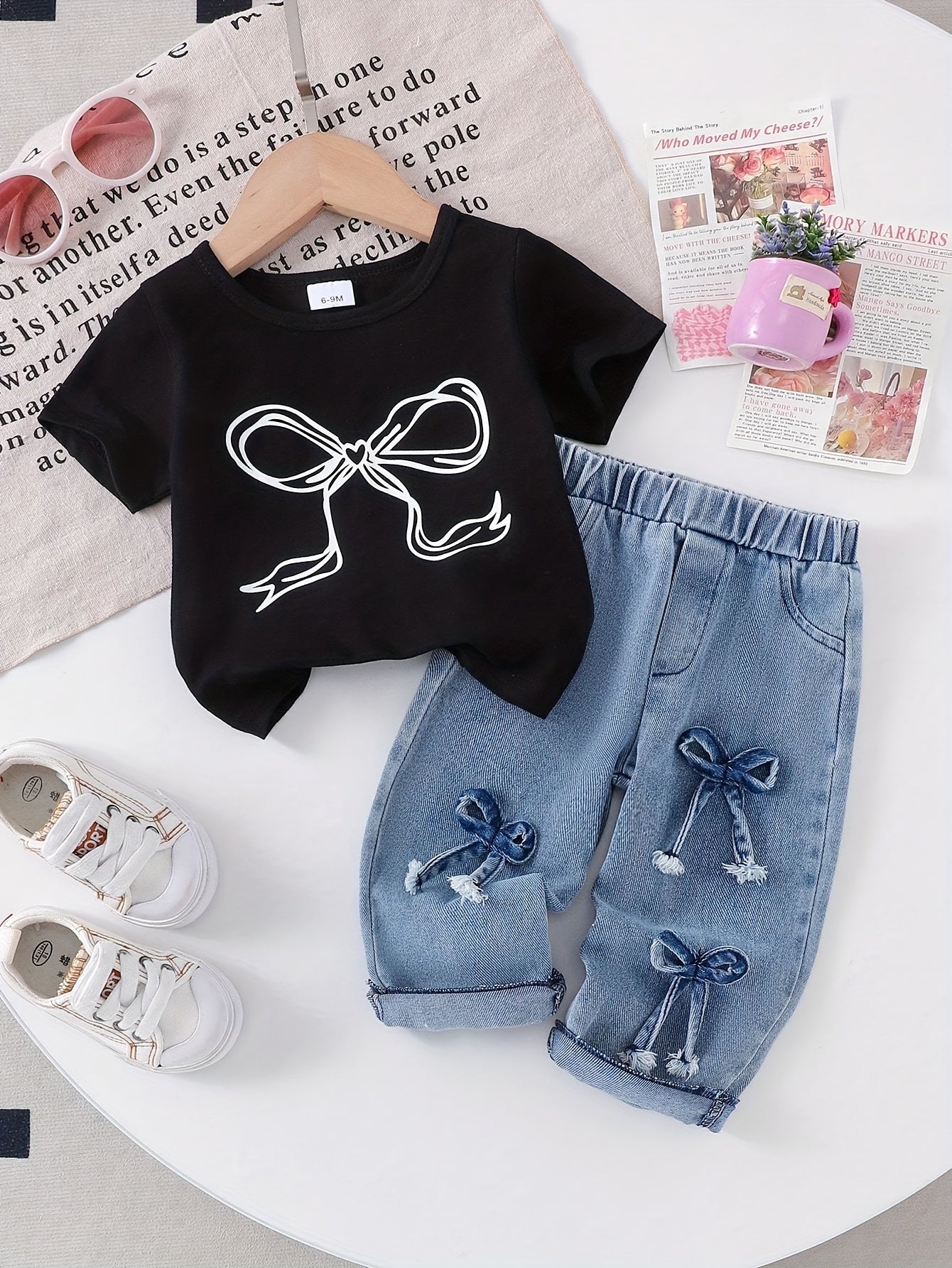 Girls' Denim Outfit Set - Short Sleeve Spring