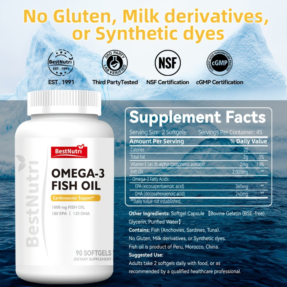 Omega-3 Fish Oil 2000mg Softgels with EPA & DHA — Cold-Extracted CGMP Certified | Brain Vitality Heart Health Anti-Inflammatory Support | For Adults & Young Adults | 60 or 90 Softgels
