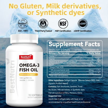 Omega-3 Fish Oil 2000mg Softgels with EPA & DHA — Cold-Extracted CGMP Certified | Brain Vitality Heart Health Anti-Inflammatory Support | For Adults & Young Adults | 60 or 90 Softgels