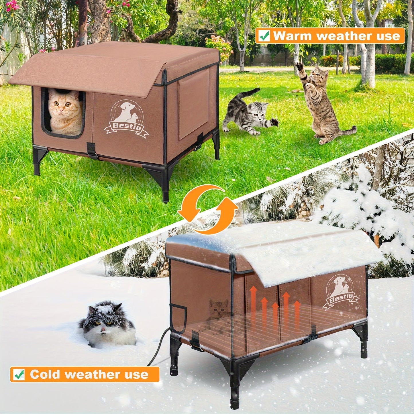 Heated Cat House 3-in-1 with Removable Warming Pad, Elevated Cat Bed for Indoor & Outdoor Cats, Chew-Resistant Cord, Double Door Cat Cave, All-Season Cat Shelter & Condo