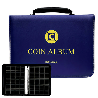 Coin Collection Book with Zipper & Handle 200/320 Pockets – 10/20 Page Coin Storage Album for Currency & Commemorative Coins, Fits 20/25/27/30mm Coins, Black & Blue