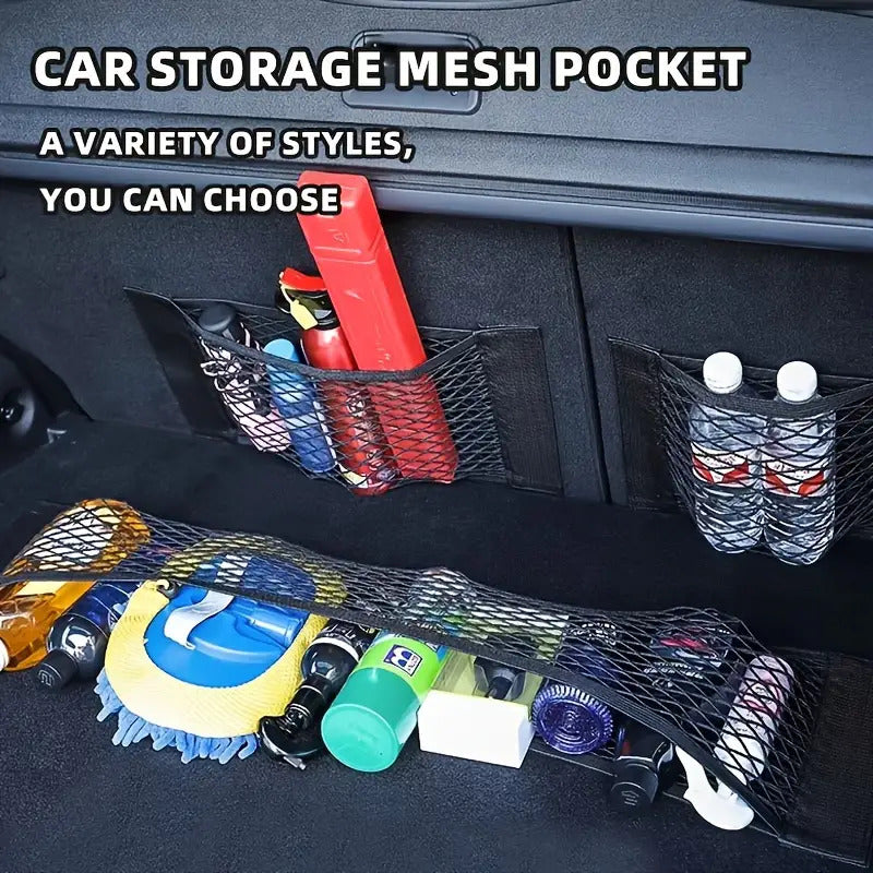 Heavy-duty Car Trunk Organizer, Double-layer Mesh Storage Bag with Elastic Edges and Hook-and-loop Fasteners - Suitable for SUVs, Sedans, Trucks - Securely Holds Bottles, Tools, Fire Extinguishers - Easy-to-install Car Interior Accessory