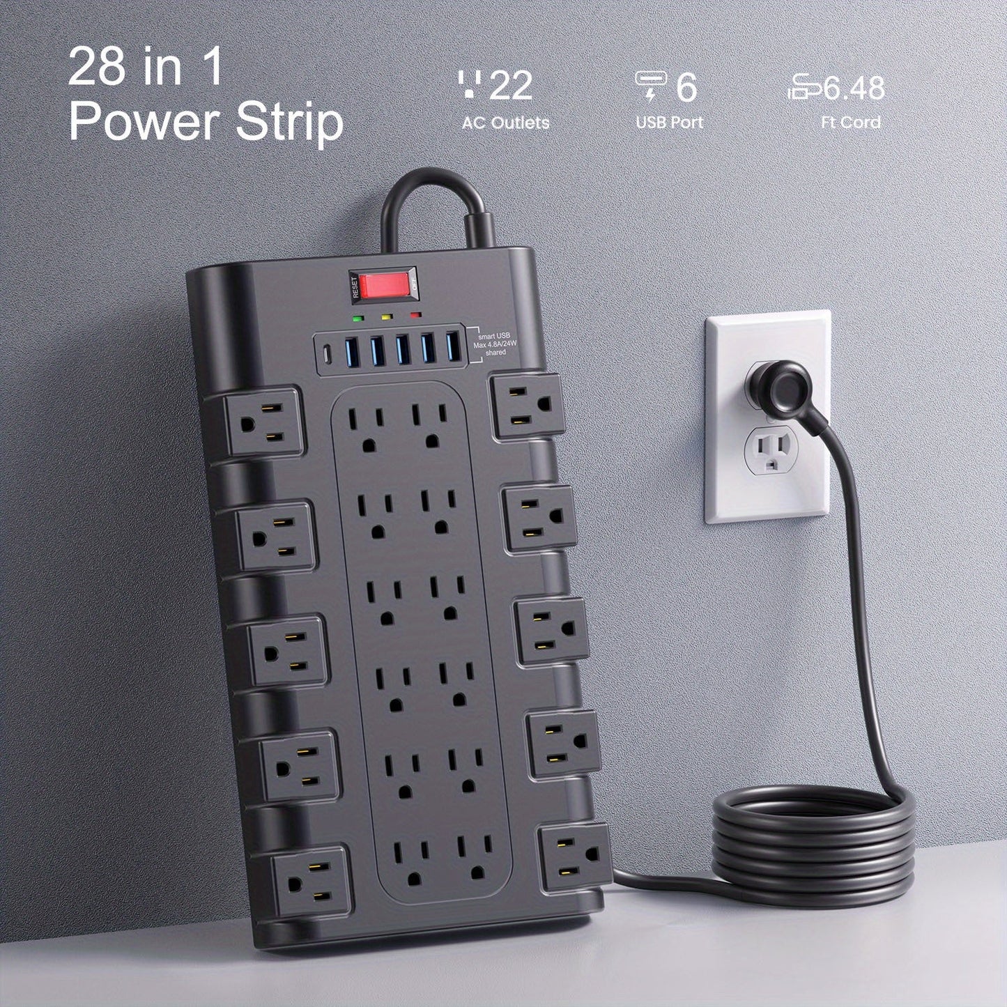 Power Strip Surge Protector 28-in-1 with 22 Widely Spaced Outlets 5 USB-A 2 USB-C Ports 2100 Joules Flat Plug Wall Mountable 6.48FT 14AWG Heavy Duty Extension Cord for Home Office