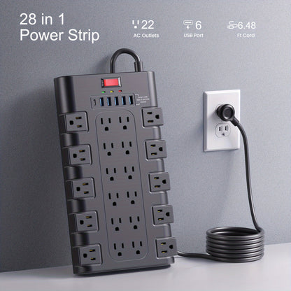 Power Strip Surge Protector 28-in-1 with 22 Widely Spaced Outlets 5 USB-A 2 USB-C Ports 2100 Joules Flat Plug Wall Mountable 6.48FT 14AWG Heavy Duty Extension Cord for Home Office