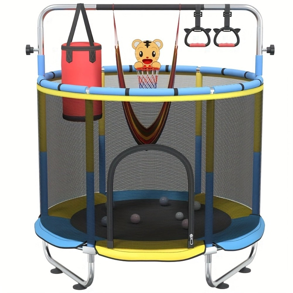 60 Inch Trampoline with Enclosure and Gymnastics Bar – 440 Lbs Capacity Height Adjustable Indoor Outdoor Round Trampoline with Toys for Kids | Best Birthday Gift for Boys and Girls