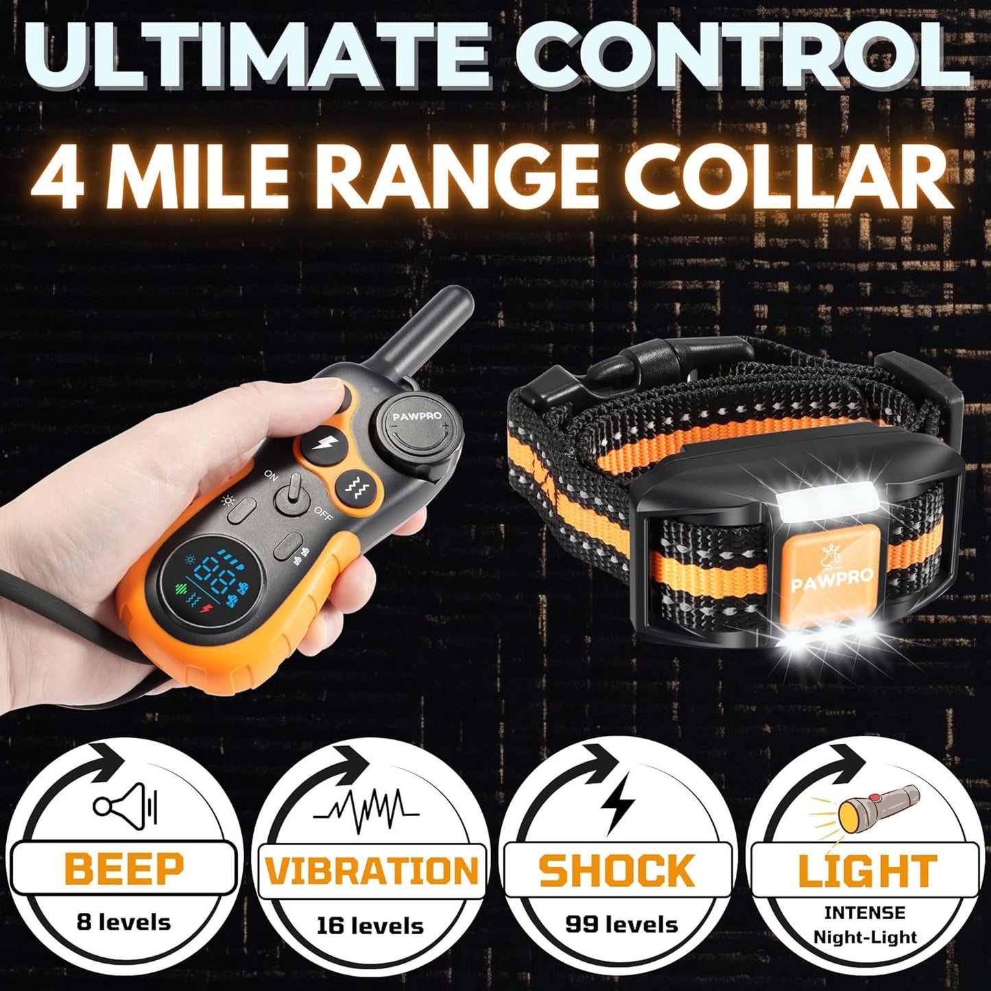 PAWPRO Dog Shock Collar 4-Mile Range Remote Training Collar - 124 Adjustable Levels, 4 Modes Beep Vibration Shock LED, Fits 5-135 lbs Dogs, 2-Year Warranty & Expert Training Guide Included