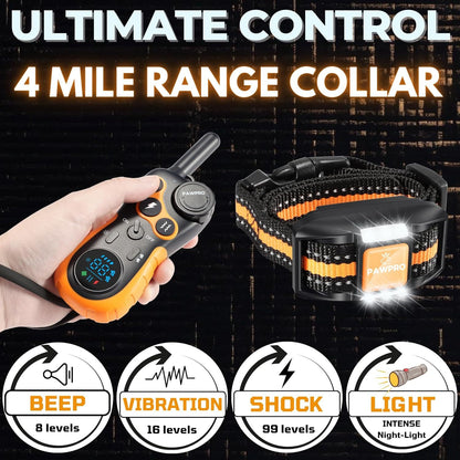 PAWPRO Dog Shock Collar 4-Mile Range Remote Training Collar - 124 Adjustable Levels, 4 Modes Beep Vibration Shock LED, Fits 5-135 lbs Dogs, 2-Year Warranty & Expert Training Guide Included