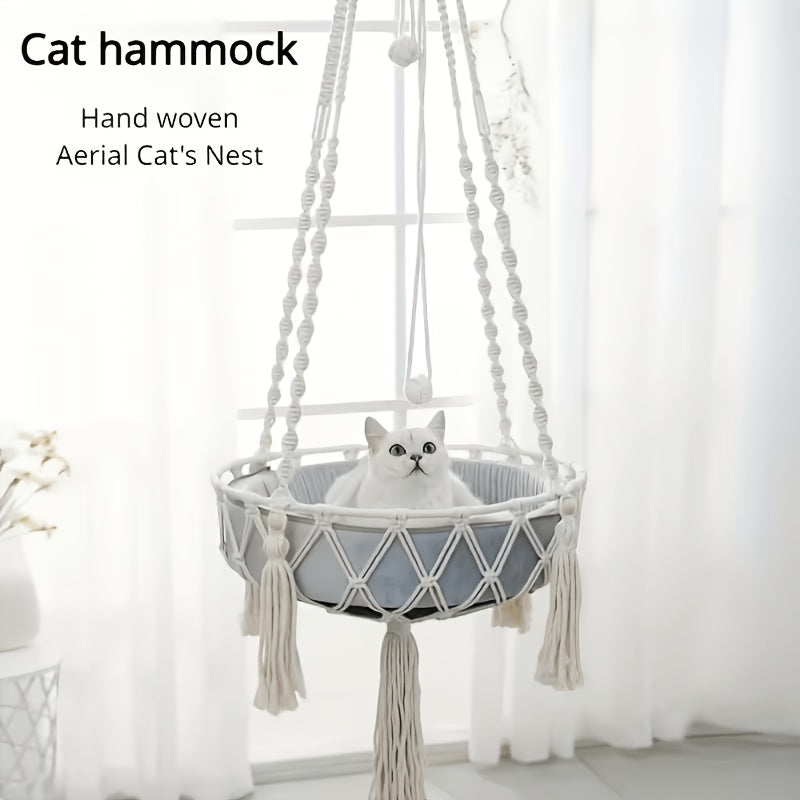 Hand-Woven Rope Cat Hammock & Swing Bed – Indoor Cat Nest Basket for 1-2 Cats, 11.81" & 15.75" Diameter