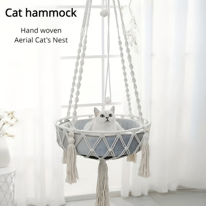 Hand-Woven Rope Cat Hammock & Swing Bed – Indoor Cat Nest Basket for 1-2 Cats, 11.81" & 15.75" Diameter