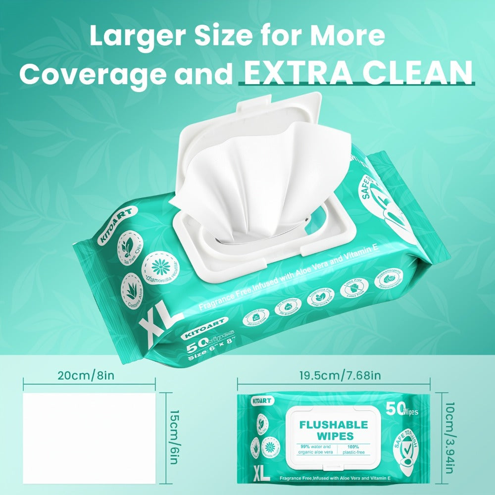 Flushable Wet Wipes Adult XL Unscented No Alcohol Septic Safe Toilet Wipes Portable Family Size for Bathroom Outdoor Camping Travel Hygiene 150 or 300 Wipes 3 or 6 Pack
