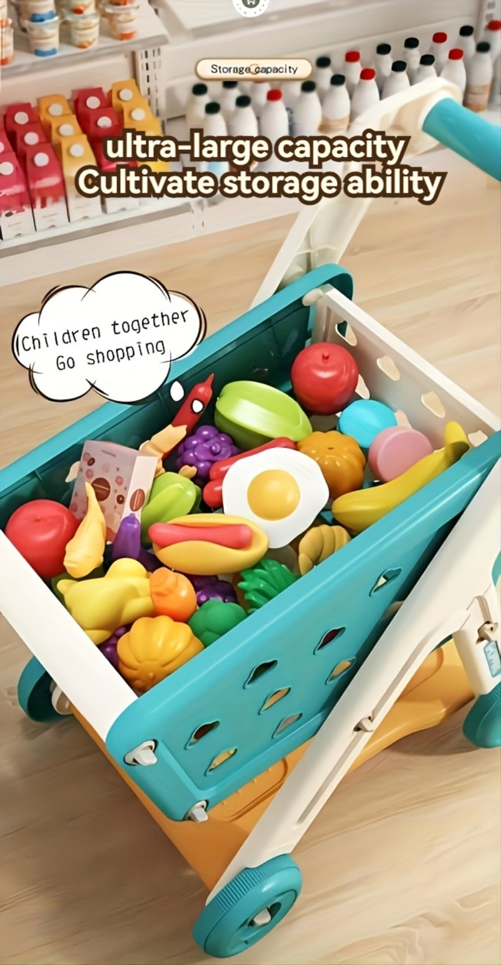 Kids Pretend Play Shopping Cart Toy Set with Realistic Food & Grocery Accessories – Supermarket Role Play for Toddlers Girls Boys Ages 3+, Blue, Birthday Christmas Gift