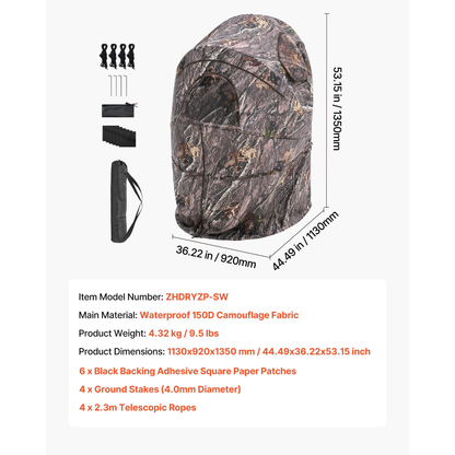 Hunting Blind Ground Blind for Deer Duck Turkey Hunting Single Person Pop Up Blind with Carrying Bag 44x36x53 In Camouflage Waterproof 150D Fabric Silent Half-Zipper Door