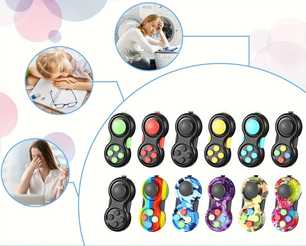 Fidget Controller Cube 3-Pack – 8 Fidget Options Stress Relief Toy for Kids Adults ADHD Anxiety | Clickable Buttons Joystick Roller Assorted Colors