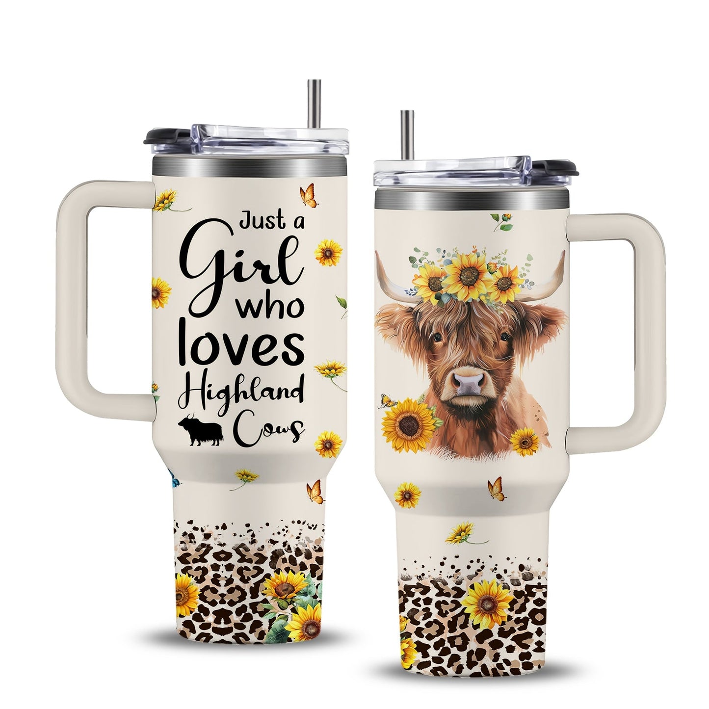 40oz Stainless Steel Tumbler with Handle and Lid - Cow Print Insulated Travel Cup for Hot & Cold Drinks, Double Wall Vacuum Tumbler for Camping, Sports & Outdoor Use, Cute Cow Lover Gift for Birthday & Holiday