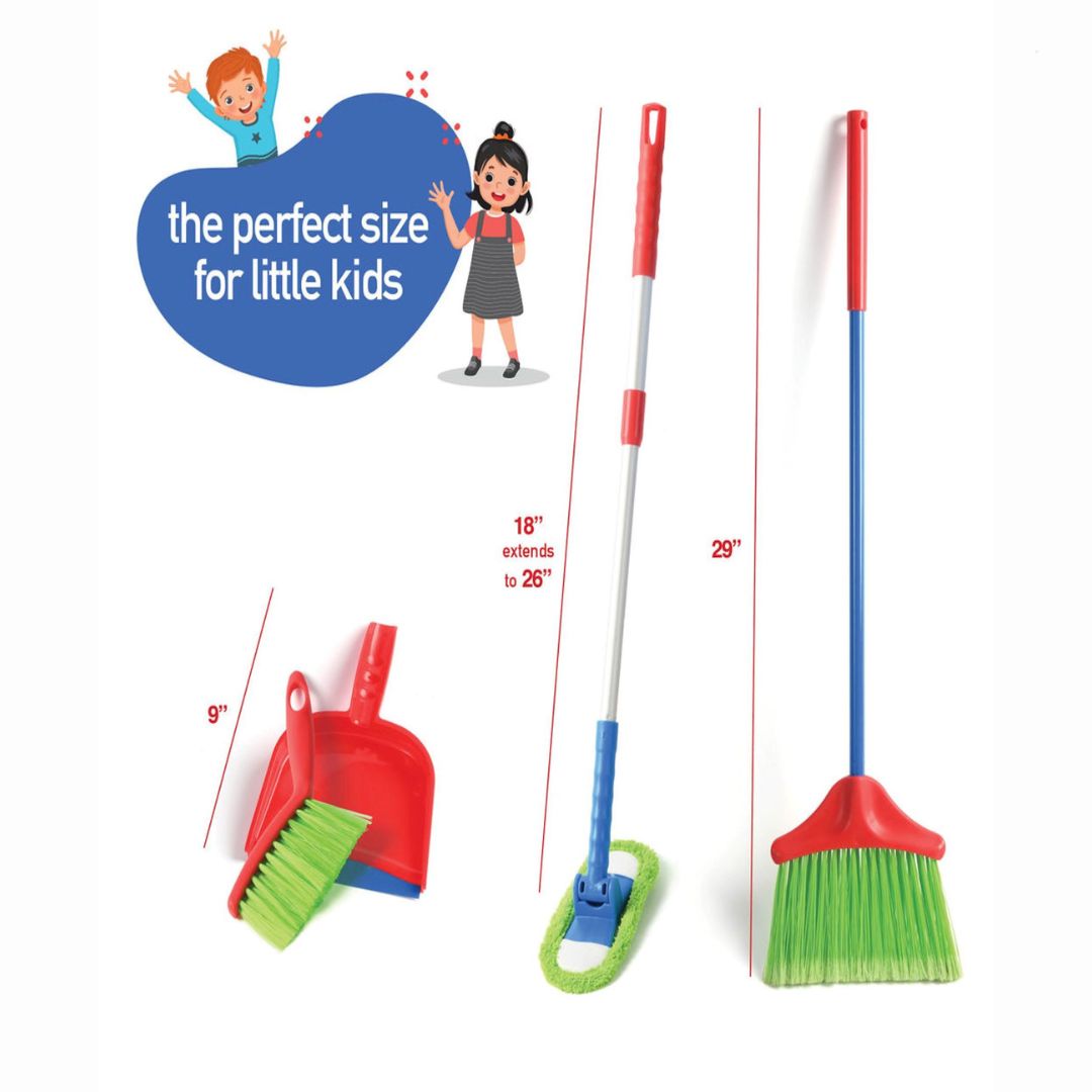 Kids Cleaning Set 4 Piece Toy Broom Mop Brush Dustpan – Pretend Play Housekeeping Kit for Toddlers Boys Girls | Develops Fine Motor Skills & Responsibility | Best Birthday Christmas Gift Ages 3+