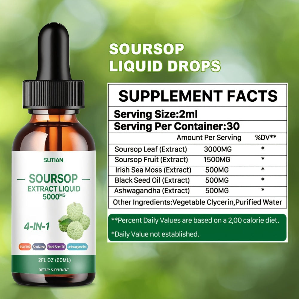 Soursop Liquid Drops 4-in-1 Bitter Concentrate with Black Seed Oil, Ashwagandha & Seaweed – High-Purity Graviola Extract for Immune Defense, Antioxidant & Stress Support | 2 fl oz | 1 or 2 Bottles