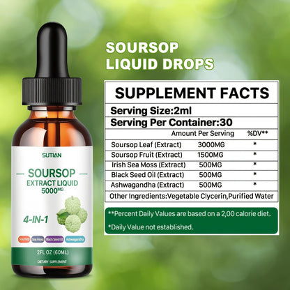 Soursop Liquid Drops 4-in-1 Bitter Concentrate with Black Seed Oil, Ashwagandha & Seaweed – High-Purity Graviola Extract for Immune Defense, Antioxidant & Stress Support | 2 fl oz | 1 or 2 Bottles