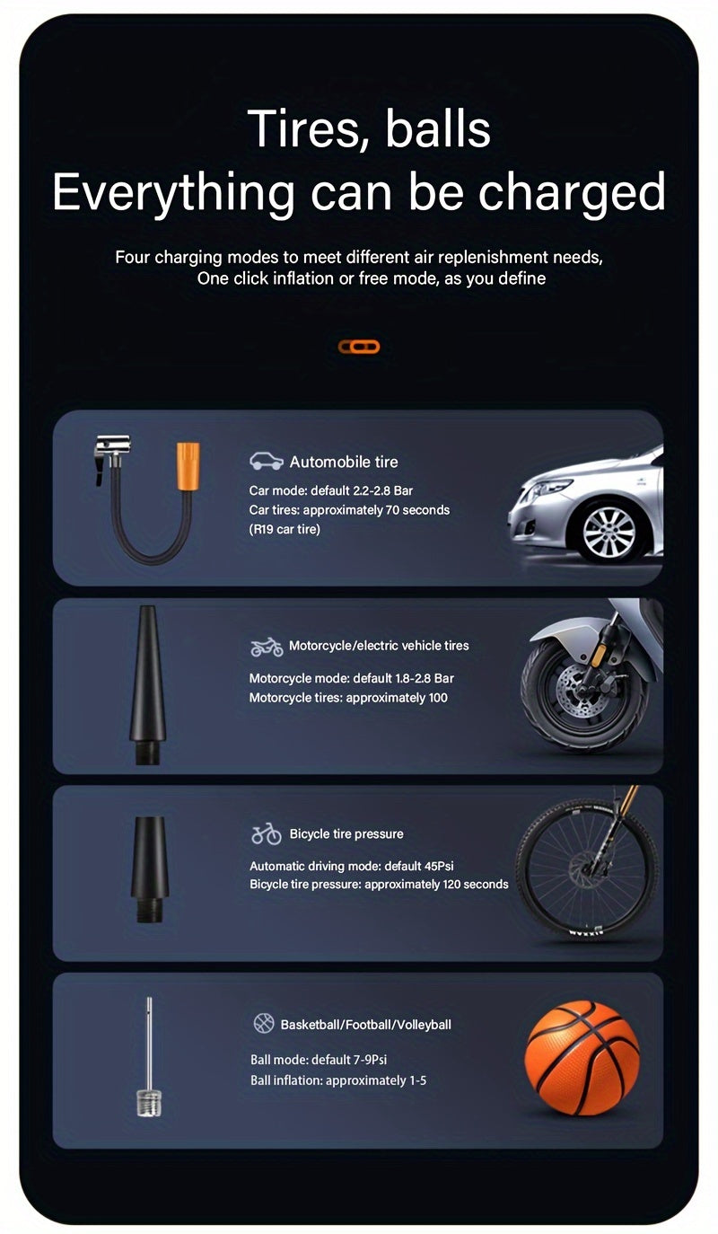 1pc Tire Inflator Portable Air Compressor, Fast Cordless Air Pump, Digital Display With Multi-function Nozzle Adapter And Long-lasting Lithium Battery For Car Motorcycle Bicycle Tire Ball, Auto Parts